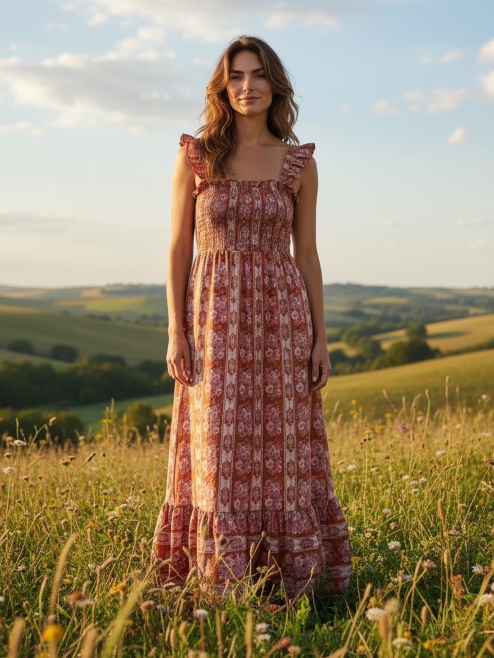 House of Harlow 1960 Rust Floral Maxi Dress with Pink Accents 55% linen M Linen